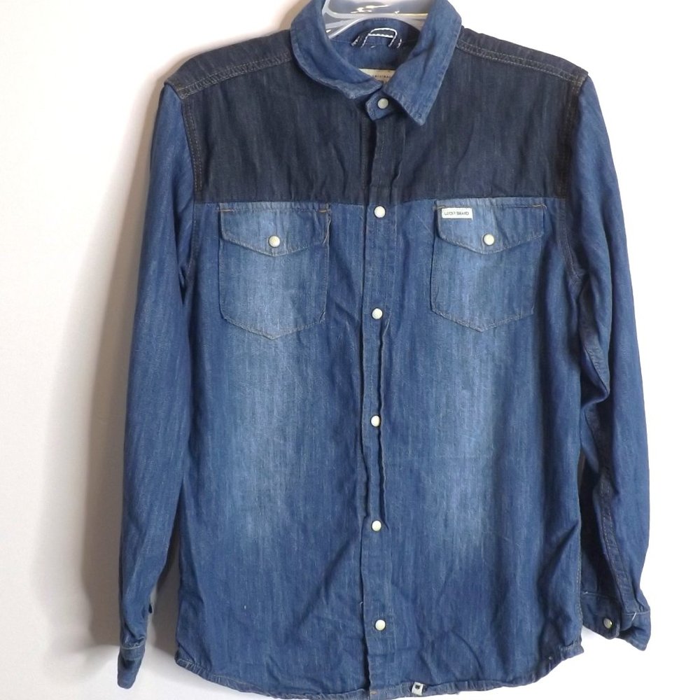 Lucky Brand Pearl Snap Denim Color Block Jean Shirt Boys Teens Size X Large XL